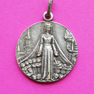 Special religious antique silver plated holy charm medal pendant medallion of Holy Mary our Lady, Virgin Mary of Lourdes France, 1958.
