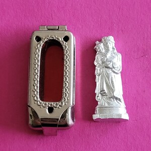 Antique pocket shrine, porta saint, traveler&#39;s shrine, little statue, miniature silver plated statuette of Holy Virgin Mary and Child Jesus.