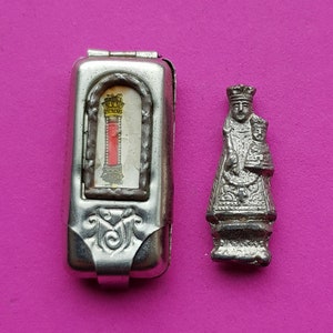 Antique pocket shrine, porta saint, travellers shrine, little statue silver plated statuette of Holy Virgin Mary and Child Jesus, Holy Blood