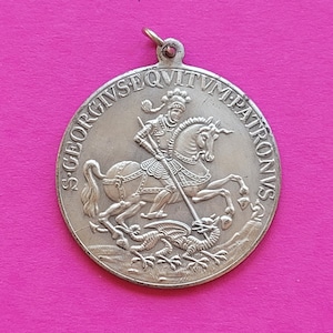 Big religious vintage silver plated catholic medal pendant holy charm medallion of Saint George with dragon.