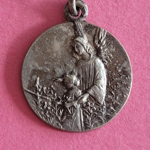 Precious stunning religious antique silver plated catholic medal pendant, charm of a cherub, archangel, guardian angel