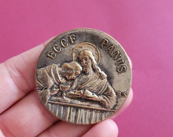 DIY Religious vintage silver plated catholic relic reliquary shield shrine tile Travel Plaque of of the Holy Family, First Communion.