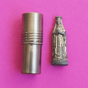 Religious antique silver plated French catholic pocket shrine relic relique porta saint with statue of Holy Mother Mary Our Lady.