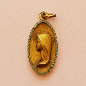Religious antique gold plated vermeil French catholic medal pendant medallion holy charm of Virgin Mary, Holy Mary Our Lady.