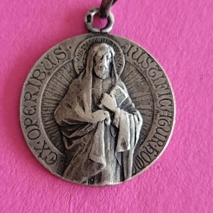 Beautiful religious antique French catholic silver plated medal pendant holy charm medal of Saint Jacob, James the Great, Apostle and Martyr
