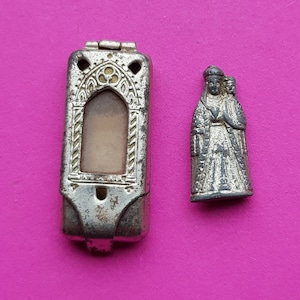 Antique pocket shrine, porta saint, travellers shrine, little statue, miniature silver plated statuette of Holy Virgin Mary and Child Jesus.