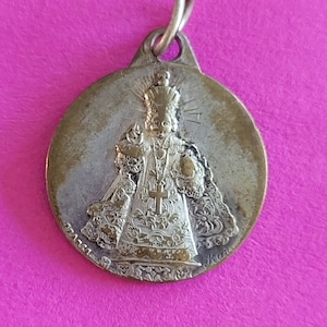 Religious antique French catholic silver plated medal pendant medaillon holy charm medallion of The Infant Jesus of Prague and IHS.