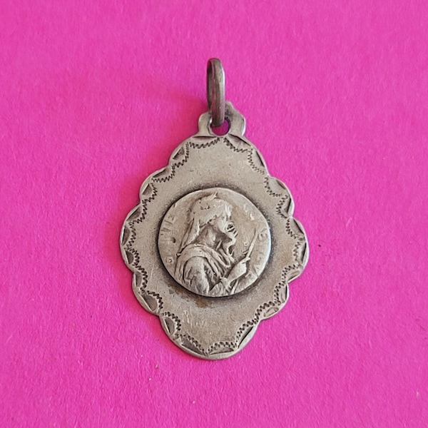 Stunning antique silver HALLMARKED medal pendant medallion holy charm of Saint Genevieve, Sainte Genoveva of Genovefa.