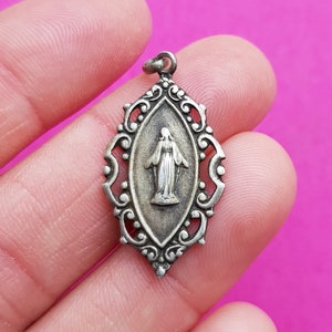 Stunning religious French catholic silver (MARKED) medal pendant holy charm medallion of Holy Mary our Lady, Virgin Mary, engraved MM.