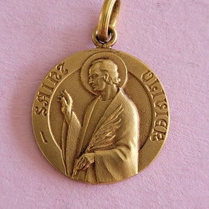 Stunning rare religious antique French catholic gold plated medal pendant holy charm medallion medal of Saint Oliver, Saint Olivier.