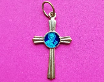 Beautiful rare religious antique silver plated enameled catholic medal pendant cross crucifix of Saint Gerard Majella.