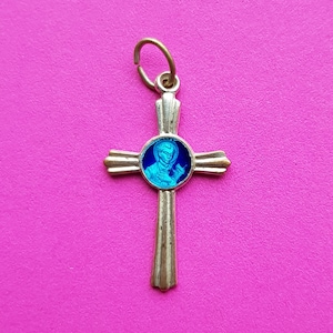 Beautiful rare religious antique silver plated enameled catholic medal pendant cross crucifix of Saint Gerard Majella.
