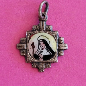 Very rare religious antique silvered catholic enameled medal pendant medaillon medallion of Saint Rita, Sint Rita.