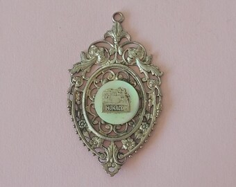 Big beautiful French silver plated medal pendant charm medallion with mother of pearl of Monaco, France.