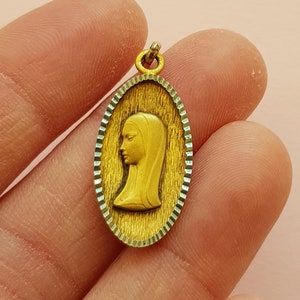 Stunning religious antique gold plated vermeil French catholic medal pendant medallion holy charm of Virgin Mary, Holy Mary Our Lady.