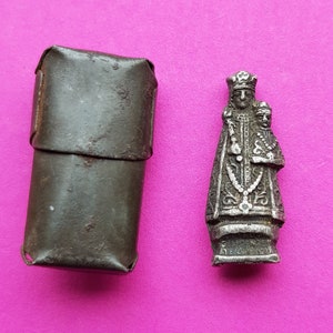 Antique pocket shrine, porta saint, travellers shrine, little statue, miniature silver plated statuette of Holy Virgin Mary and Child Jesus.