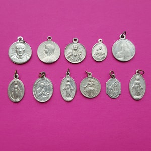 Lot of 11 vintage religious aluminium silvered medal pendant charms Catholic pendant, Holy Mary, Saint Benedict, Miraculous medal, Christ.