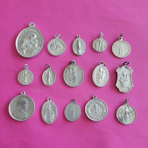 Lot of 15 vintage religious aluminium medal pendant charms Catholic pendant, Holy Mary, The Virgin Mary, Miraculous medal, Christ.