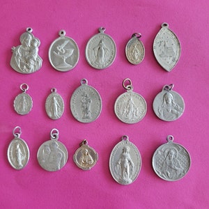 Lot of 15 vintage religious aluminium medal pendant charms Catholic pendant, Holy Mary, The Virgin Mary, Miraculous medal, Christ.