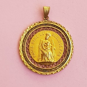 Stunning religious antique gold plated vermeil French catholic medal pendant holy charm of Virgin Mary, Holy Mary Our Lady of Buglose.