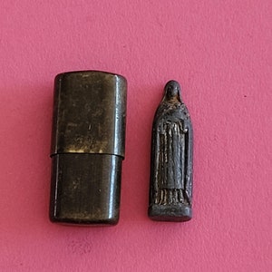 Religious antique silver plated French catholic pocket shrine relic relique porta saint with statue of Holy Mother Mary Our Lady.