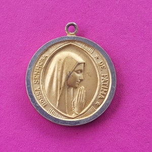 Religious antique gold plated vermeil French catholic medal pendant medallion holy charm of Virgin Mary, Holy Mary Our Lady.