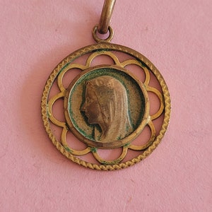 Big religious antique gold plated vermeil medal pendant medaillon medallion of Holy Mary our Lady, Virgin Mary of Lourdes France.