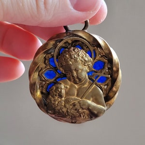 Museum rare stunning antique catholic gold plated medal plique a jour enamel pendant medallion holy charm Saint John Baptist Child and Lamb.