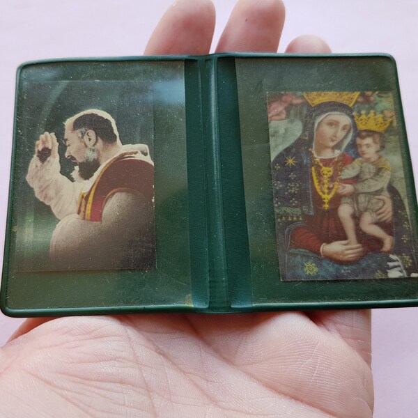 Religious vintage map catholic relic reliquary booklet shrine tile Case Travel Plaque of Saint Mary with Child, Virgin Mary and Pope Pio.