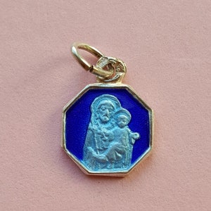 Religious antique catholic enameled silver(MARKED) french medal pendant holy charm medallion of Saint Joseph with Child Jesus.