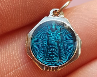 Religious Swiss blue enameled holy charm catholic silvered medal pendant of Holy Mary our Lady in Einsiedeln a Benedictine Abbey, Swiss.