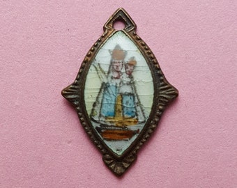 Religious silvered enameled catholic medal pendant, holy charm of Virgin Mary, Holy Mary Our Lady of Montaigu, Belgium.