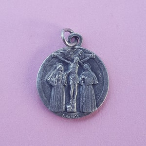 Religious antique French silver (MARKED) catholic medal pendant medallion holy charm ofSaint Rita and Saint Clara of Kontich in Belgium.