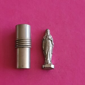 Religious antique silver plated French catholic pocket shrine relic relique porta saint with statue of Holy Mother Mary Our Lady.