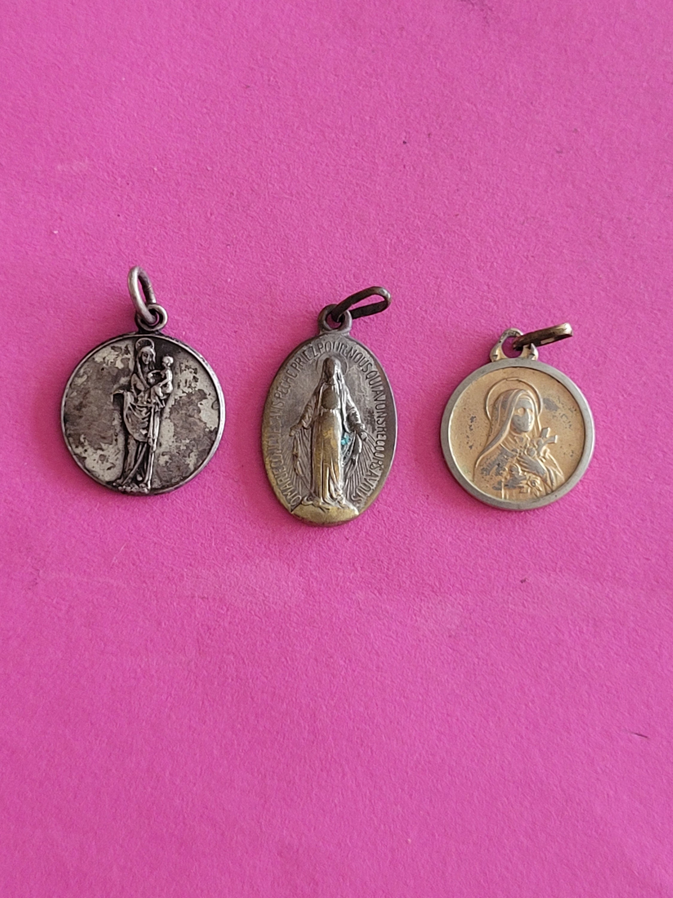 Lot of 3 Antique Religious Catholic Silver Plated Medal Pendant Charm ...