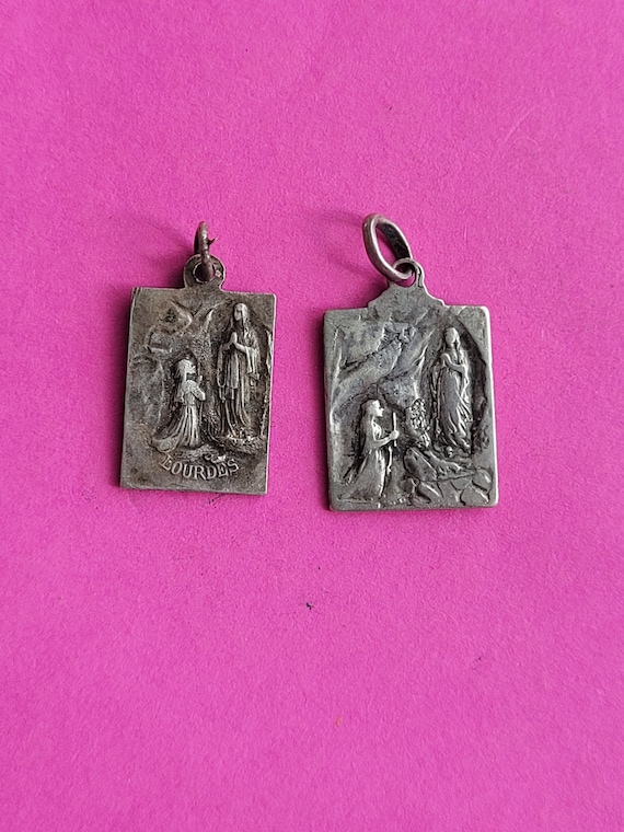 Lot of 2 religious antique silver plated medal pe… - image 8