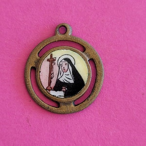 Very rare religious antique silvered catholic enameled medal pendant medaillon medallion of Saint Rita, Sint Rita.
