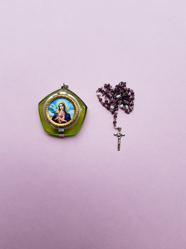 Stunning religious vintage silvered catholic rosary case miniature box container collectible Holy Virgin Mary with purple and white Rosary.