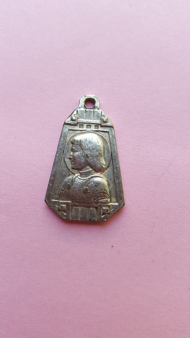 Religious antique French silvered catholic medal pendant medallion holy charm of Saint Jeanne d'Arc, Joan of Arc and Saint Christopher. image 3