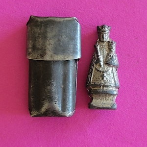 Antique pocket shrine, porta saint, travellers shrine, little statue, miniature silver plated statuette of Holy Virgin Mary and Child Jesus.