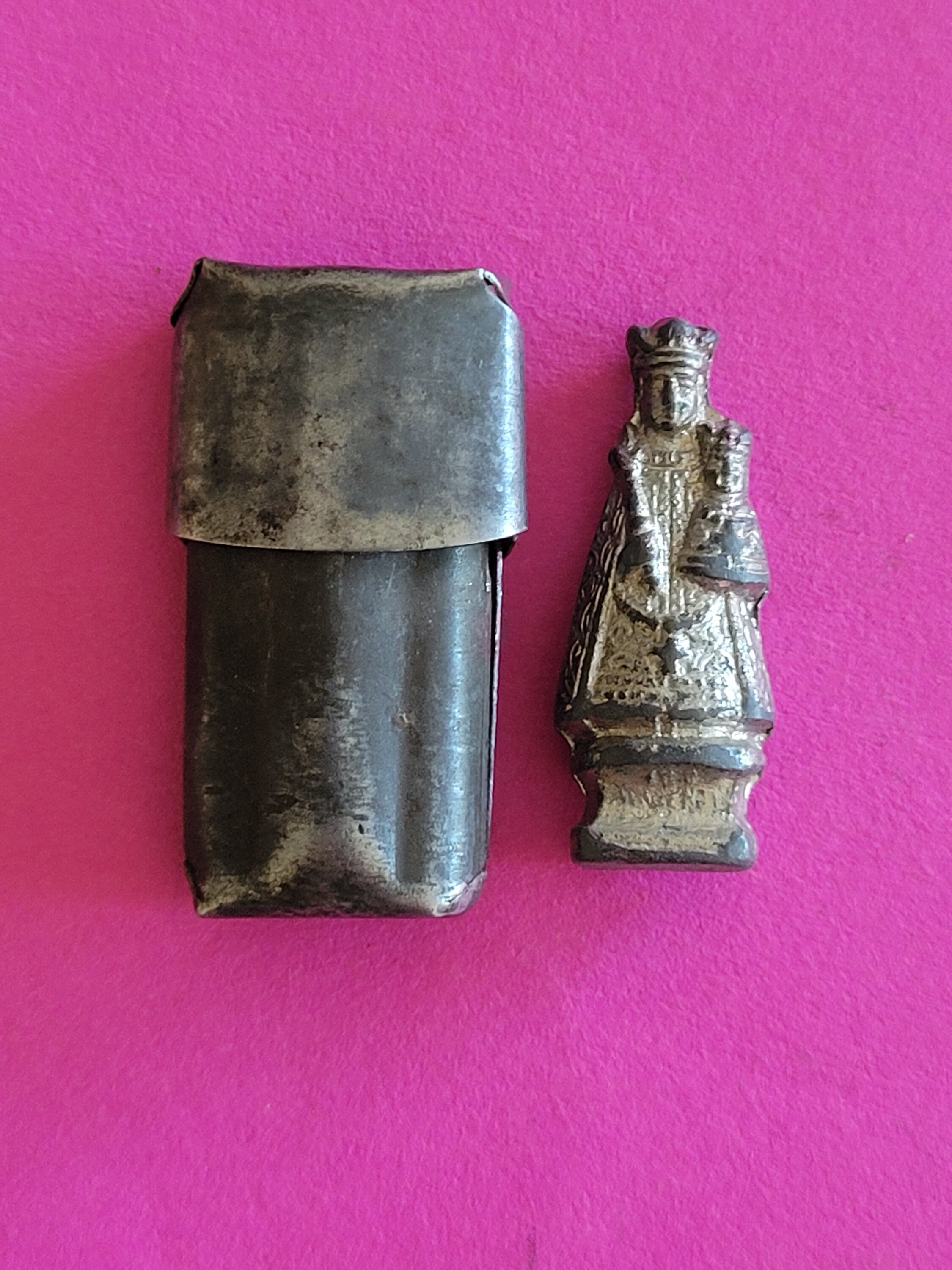 Antique pocket shrine, porta saint, travellers shrine, little statue, miniature silver plated statuette of Holy Virgin Mary and Child Jesus.