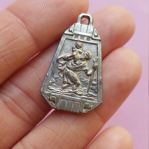 Religious antique French silvered catholic medal pendant medallion holy charm of Saint Jeanne d'Arc, Joan of Arc and Saint Christopher. image 7