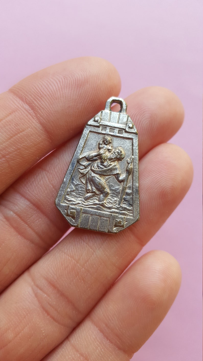 Religious antique French silvered catholic medal pendant medallion holy charm of Saint Jeanne d'Arc, Joan of Arc and Saint Christopher. image 7