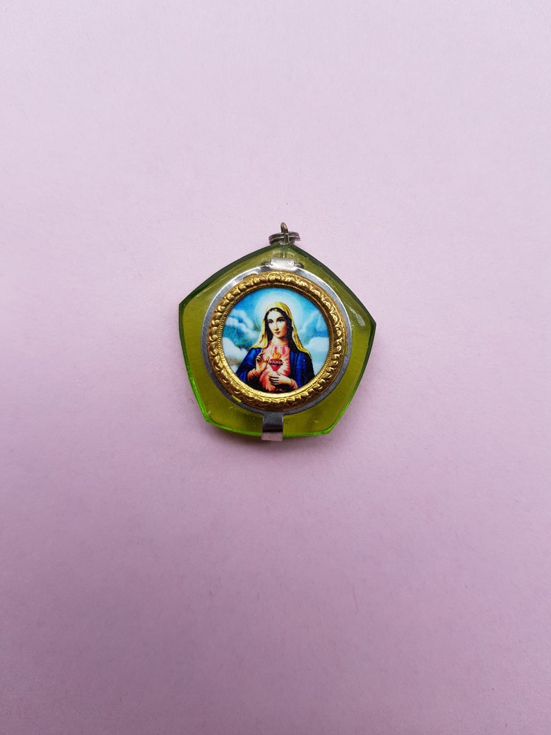 Stunning religious vintage silvered catholic rosary case miniature box container collectible Holy Virgin Mary with purple and white Rosary.