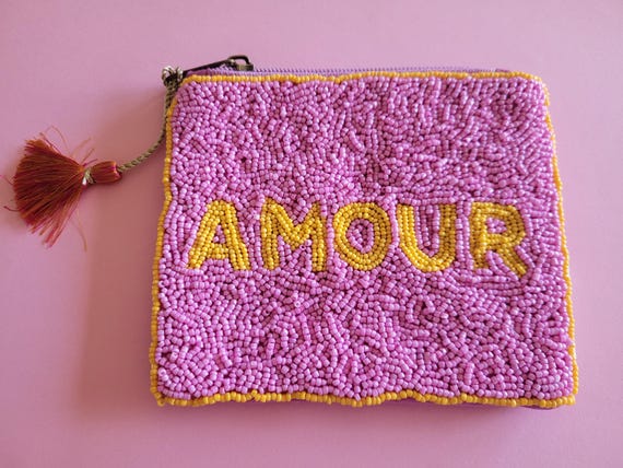 Handmade Beaded Coin Purse – Pink “AMOUR” Pouch With Tassel