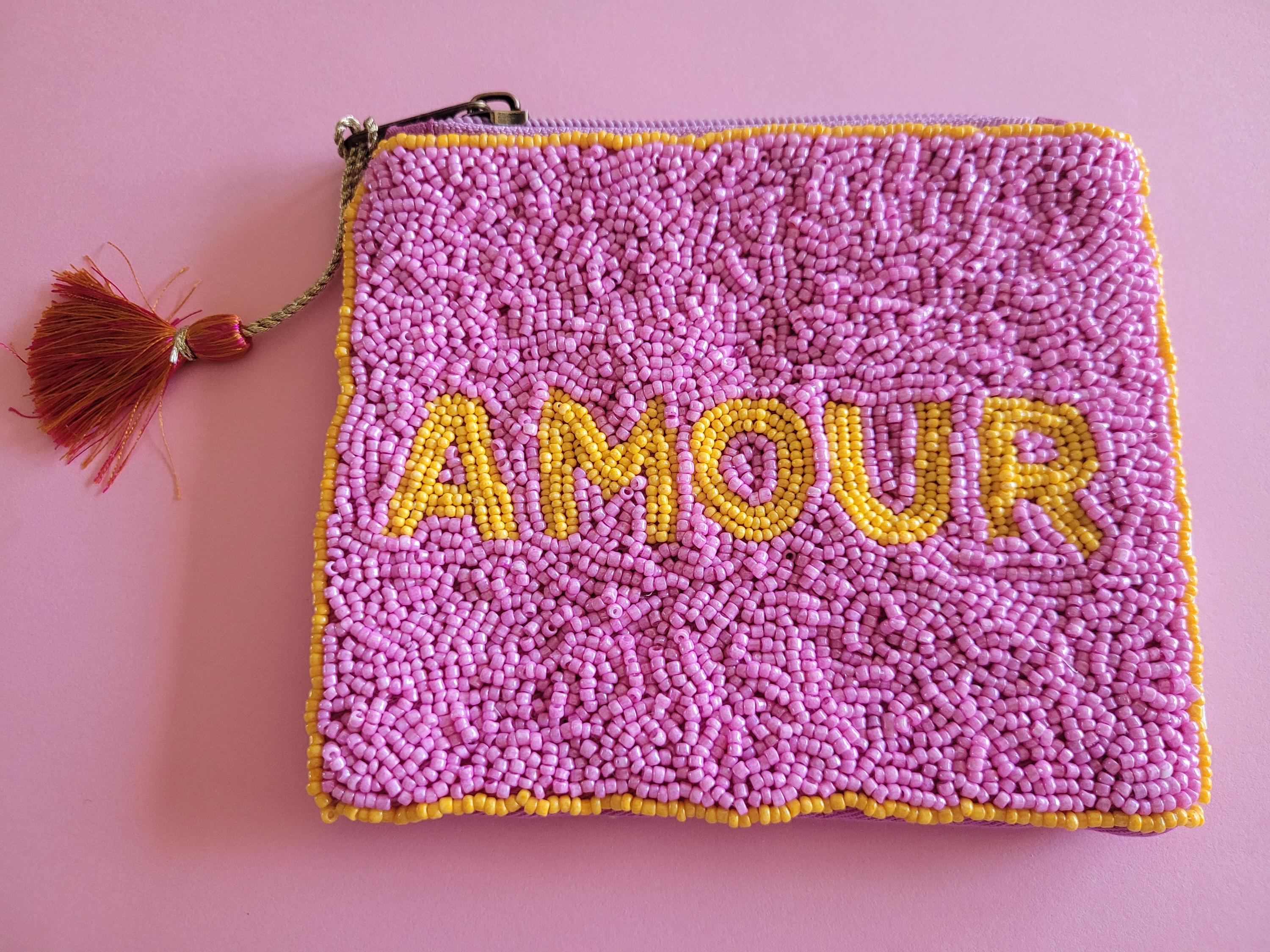 Handmade Beaded Coin Purse – Pink “AMOUR” Pouch With Tassel
