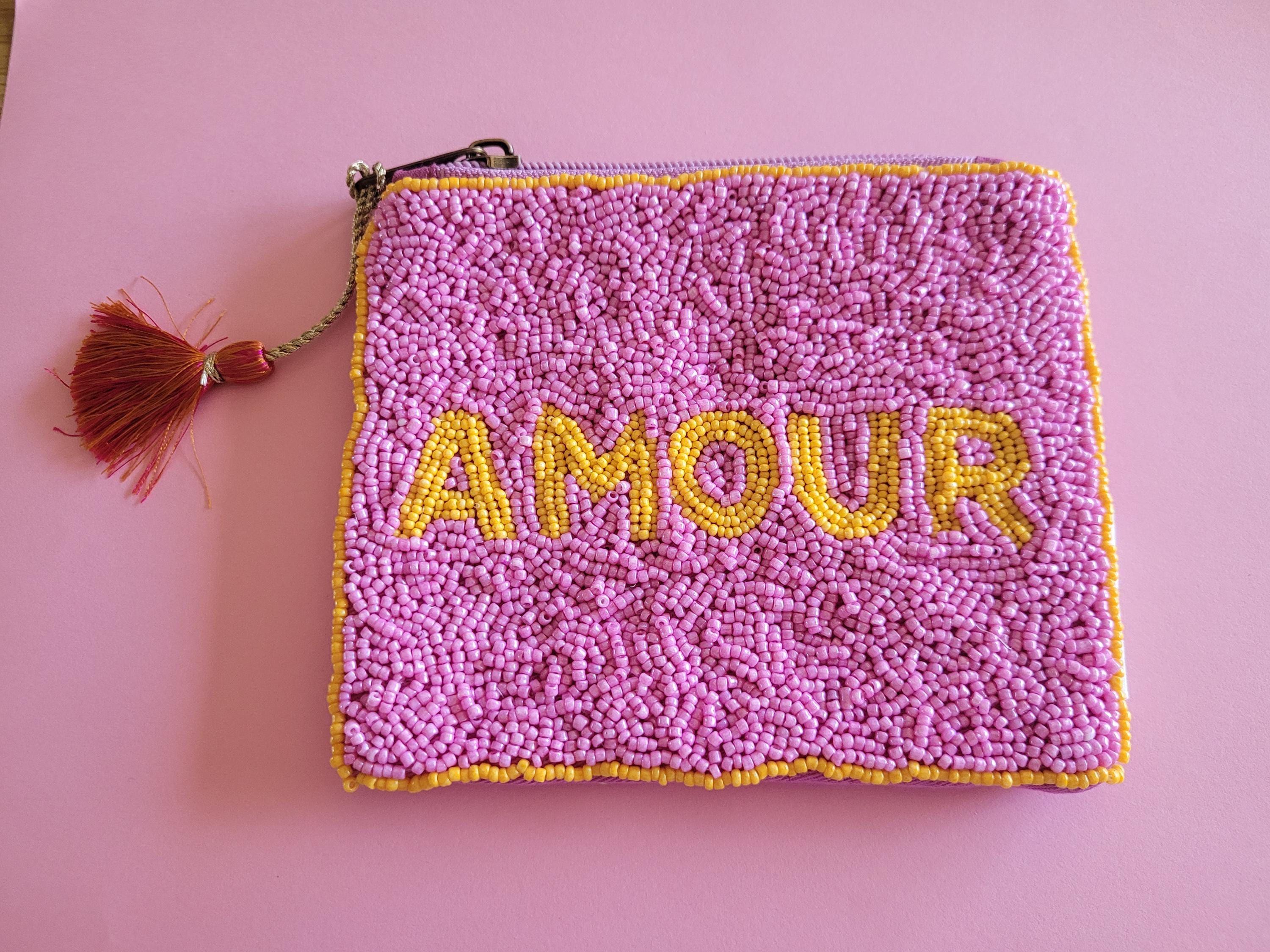 Handmade Beaded Coin Purse – Pink “AMOUR” Pouch With Tassel