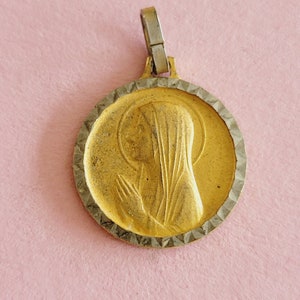 Religious antique gold plated vermeil French catholic medal pendant medallion holy charm of Virgin Mary, Holy Mary Our Lady.