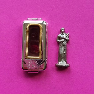 Religious vintage French catholic pocket shrine relic porta saint statue of Saint Gerard Majella, Sint Gerardus in a silvered capsule.