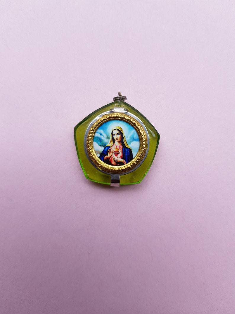 Stunning religious vintage silvered catholic rosary case miniature box container collectible Holy Virgin Mary with purple and white Rosary.